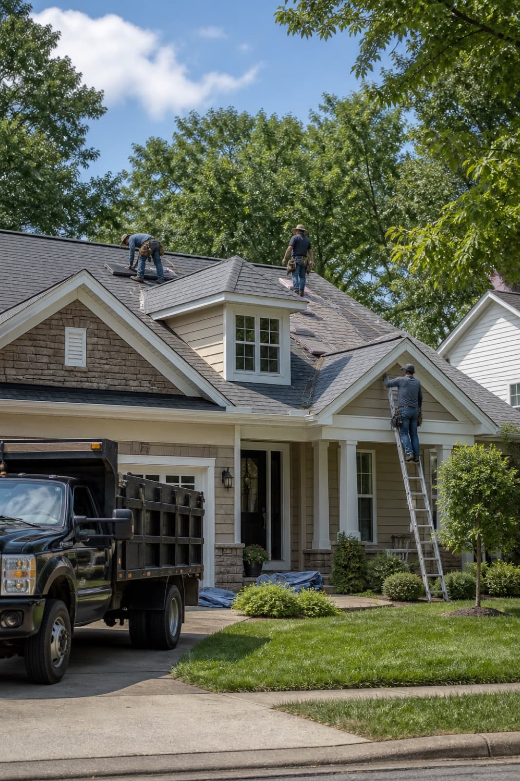Roofing crew working on a suburban home