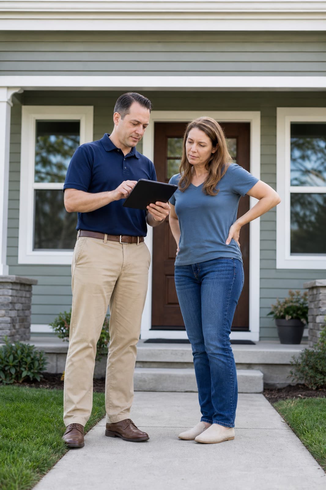 Insurance adjuster in field clothes meeting a homeowner at their house