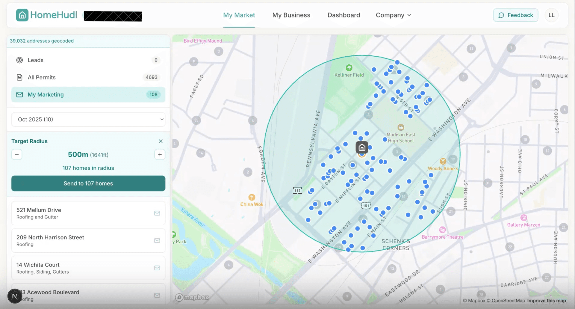 My Market page showing permit-triggered mailer targeting