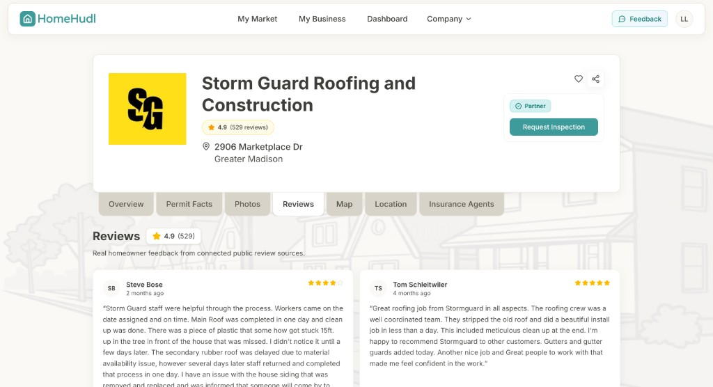 Storm Guard contractor profile with homeowner reviews